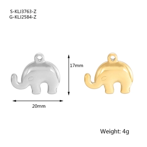 Detailed view of polished elephant pendants in gold and silver with size dimensions