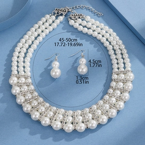 Detailed view of multilayer pearl necklace set with precise product size measurements