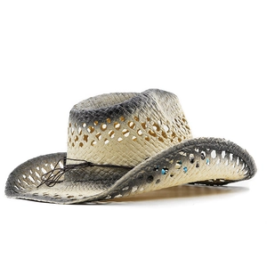 Western straw cowboy hat with painted gradient edges and decorative beaded string