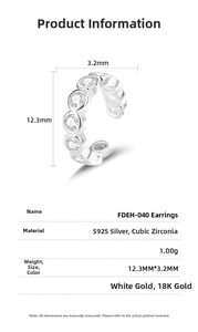 Detailed size chart for S925 silver clip earrings with cubic zirconia stones