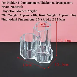 Macro detail of 3-slot thick clear acrylic hexagonal makeup brush and lipstick holder