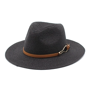 Classic black straw fedora with brown leather band and golden fish buckle detail