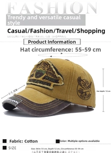 Detailed size chart for washed cotton baseball cap with eagle embroidery and measurements