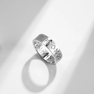 Nordic Viking rune cutout stainless steel ring with minimalist silver metal finish