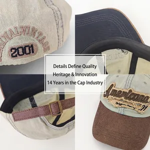 Vintage washed denim baseball cap with Americana embroidery and leather brim details