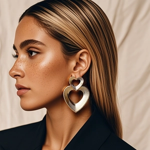 Double Heart Dangle Earrings Gold Textured Retro Iron Metal Openwork Fashion Jewelry For Women