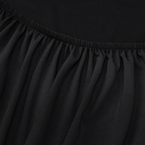 Detail of black summer dress featuring elastic smocked seams and pleated fabric texture