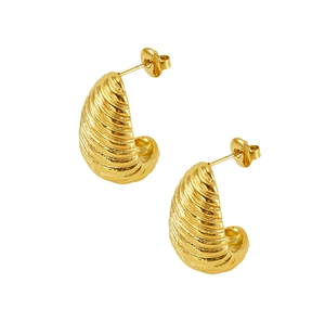 Macro detail of gold plated titanium steel earrings with ribbed texture design