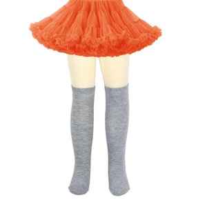 Detail of grey striped knee-high knit socks shown on a child mannequin legs