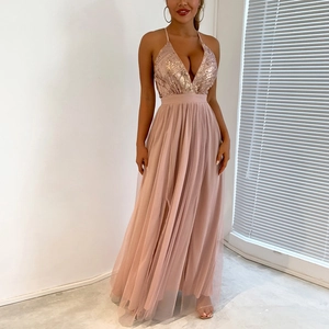 Detailed view of sequined embroidery on deep V-neck mesh floor-length evening dress