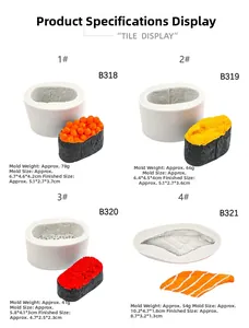 Detailed views of various sushi silicone molds with corresponding 3D realistic resin models
