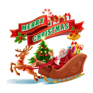 Cartoon Christmas Santa Claus and reindeer sleigh sticker with Merry Christmas banner