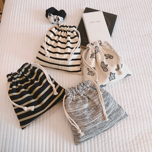 Drawstring Pouch Bag Cotton Linen Striped Butterfly Print Portable Small Storage Travel Makeup Jewelry Organizer Women