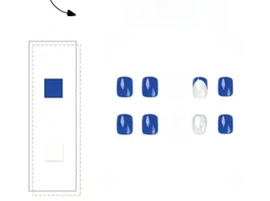 Detail view of 10-piece short square blue French press-on nails set on white background