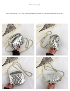Detail view of silver quilted mini bag with mirror finish and gold chain strap