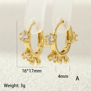 Macro shot of gold-plated flower hoop earring with zircon inlay and detailed size specs