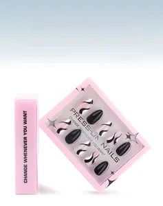 Detail of pink and black almond press-on nails with 30 pieces in premium window packaging