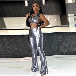 Completo Donna In Pelle PU Metallica Gilet Senza Maniche Con Zip E Pantaloni A Zampa Vita Alta Slim Sexy Clubwear Streetwear
