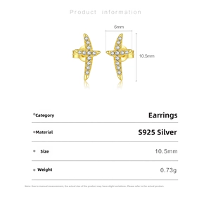 Detailed size specifications for gold S925 silver cross star earrings with zircon