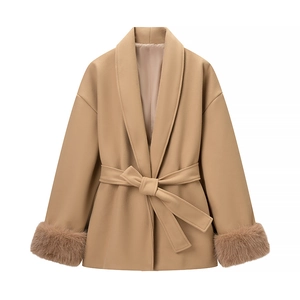Elegant camel mid-length wool coat featuring large lapels and faux fur trimmed sleeves