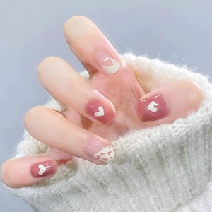Glossy Pink Cream White Press On Nails Heart Doodle Short Length Fake Nails Sweet Cartoon Art For Women