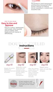 Detailed guide showing four steps to apply double eyelid styling cream with a Y-stick tool
