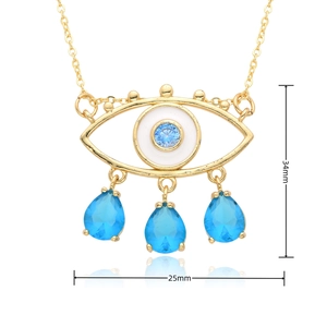 Detail of evil eye pendant with blue zircon and white enamel, 34mm x 25mm dimensions