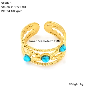 Detailed macro of gold plated 18k ring with three blue turquoise stones and bead texture