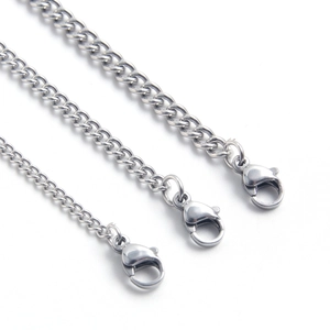 Polished stainless steel curb chains with lobster clasps shown on white background