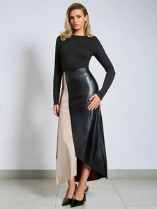 Chic high-waisted PU leather midi skirt with contrast color block and slimming pencil fit
