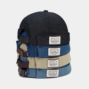 Vintage Denim Docker Hat For Men Women Adjustable Miki Hat No Brim Retro Sailor Cap With Letter Label Fashion Streetwear