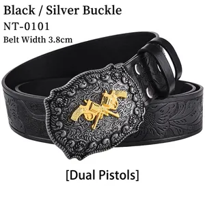 Detail of 3.8cm black leather belt with gold dual pistols embossed silver buckle