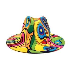 Fedora hat with colorful psychedelic swirl patterns for men and women on white background