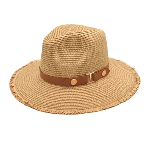 Wide Brim Straw Fedora Hat Sun Protection Summer Beach Breathable With Faux Leather Belt And Frayed Edge For Women