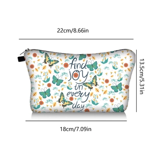 Dimensions guide for butterfly printed makeup bag: 22x18x13.5cm with top zipper closure