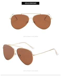Detail view of gold aviator sunglasses with brown lenses from front and 45-degree angles