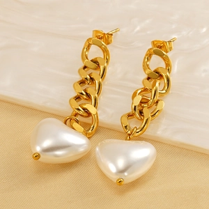 18K gold plated Cuban chain earrings featuring large white heart-shaped pearl pendants