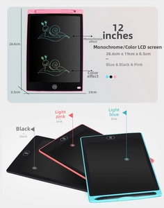 Detailed specs for 12-inch LCD writing tablet showing 28.6x19cm size and multi-color options