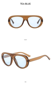 Viste frontale e laterale degli occhiali da sole aviator color tè con lenti blu chiaro