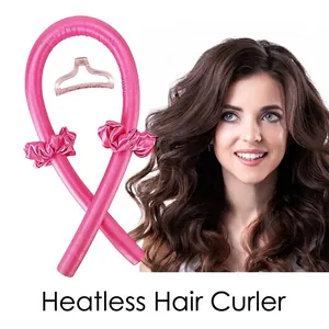 Pink heatless hair curler set with foam rod, satin scrunchies and large hair claw clip