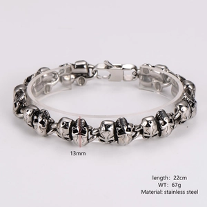 Gothic silver stainless steel skull bracelet for men featuring a bold link design