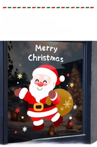 Santa Claus window sticker with Merry Christmas text and decorative snow patterns
