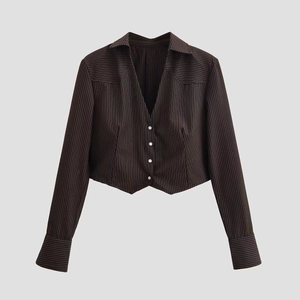 Women's cropped striped long sleeve shirt in dark brown with padded shoulders