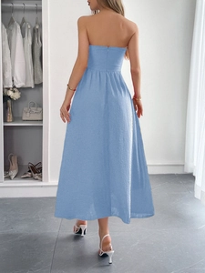 Elegant blue strapless A-line long dress back view with a flowing and lightweight design