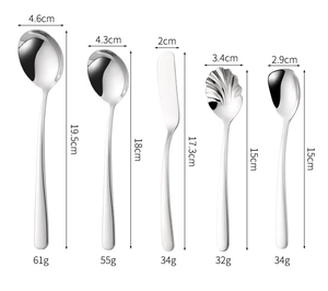 Detailed size chart showing length and weight for stainless steel flatware set