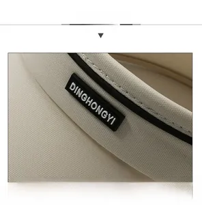 Vue détaillée du chapeau de soleil beige avec bord cousu noir et écusson logo en caoutchouc