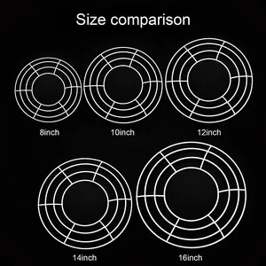 Size comparison of five white circular wire wreath frames from 8 to 16 inches
