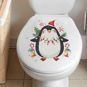 Detailed view of Christmas penguin toilet lid decal with colorful holiday lights and stars