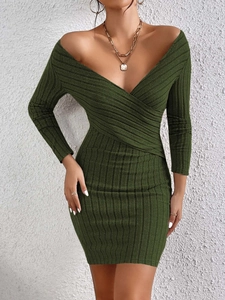 Olive green ribbed knit long sleeve dress with sexy V-neck and slim fit silhouette