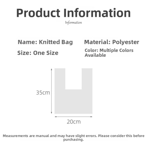 Detailed size chart for Christmas knit tote bag showing polyester fabric and 35x20cm dimensions